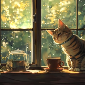 以下が含まれることがあります： 雨の降る日に、窓際に座っているトラ猫。猫の隣には、ガラス製のティーポットとコーヒーカップが置かれている。