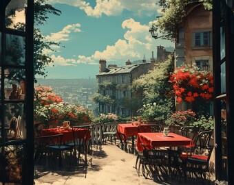 Lo-fi VTuber Parisian café scene in 1080p/4K. Vintage charm meets modern beats. Ideal for Zoom, Twitch, and social media.  seamless loop