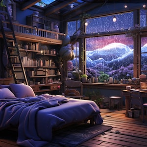 Enhance Your Stream with Lofi Vtuber Animated Background: Cozy Bedroom Ambience in Cool Blues - Perfect Twitch Overlay for Continuous Loop