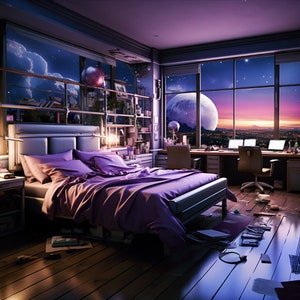Enhance streams with Purple Vtuber Background for Twitch; cozy lofi bedroom overlay; looped for a warm, inviting ambiance.