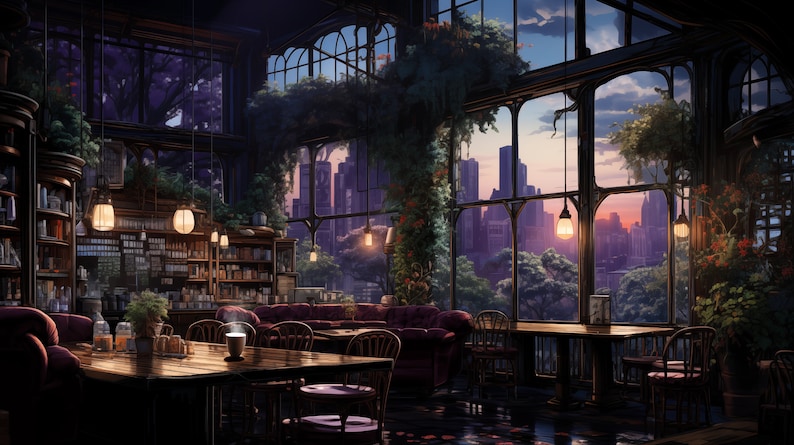 May include: A cafe with large windows overlooking a city skyline at sunset. The cafe has dark wood furniture, including tables and chairs, and a large bookshelf filled with books. There are plants hanging from the ceiling and growing up the walls.