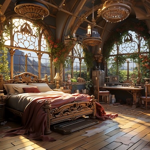 Puede incluir: Una cama grande de madera adornada con una manta roja y almohadas se encuentra en una habitación con grandes ventanas, una estantería y un escritorio. La habitación está decorada con plantas y tiene vistas a una cordillera.