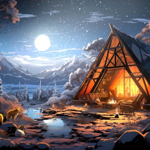 May include: A cozy, triangular cabin with a large window, lit by a fire inside, sits in a snowy forest under a full moon.  Three foxes are gathered near a stream in the foreground.