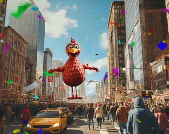 4k Lo-fi Thanksgiving Parade VTuber backdrop: City festivity, jubilant turkey balloon, bustling crowds & iconic buildings. Twitch compatible