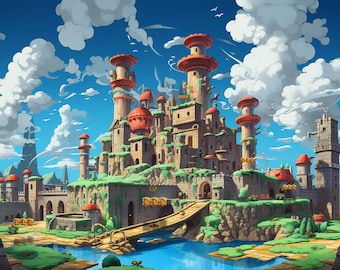 Enchanted Adventures: Mario's Mushroom Kingdom Twitch Overlay & Animated Background with coin boxes and coins. Ideal for VTuber streams.