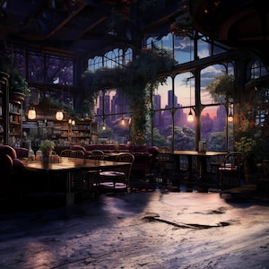May include: A dimly lit cafe with large windows overlooking a city skyline. The cafe has wooden tables and chairs, a bookshelf, and a sofa. The windows are covered in vines and plants.
