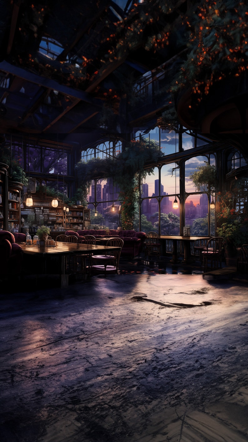 May include: A dimly lit cafe with large windows overlooking a city skyline. The cafe has wooden tables and chairs, a bookshelf, and a sofa. The windows are covered in vines and plants.