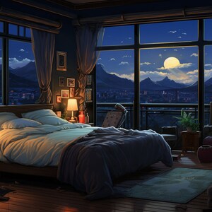 Puede incluir: Un dormitorio con una gran ventana que da a un horizonte urbano de noche. La luna llena es visible en el cielo. La cama está hecha con sábanas blancas y una manta azul. Hay lámparas en las mesitas de noche y una estantería en la esquina.
