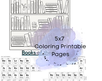 Two 5x7 Coloring pages (Bible Periodic Table and Books on the Shelf)