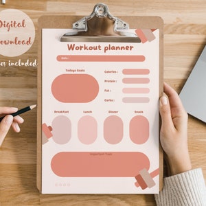 May include: A printable workout planner with a pink and white color scheme. The planner includes sections for daily goals, calories, protein, fat, carbs, breakfast, lunch, dinner, snack, and important tasks. The planner also features a dumbbell icon.