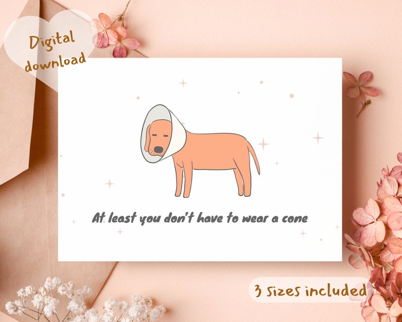 Printable at least you don't have to wear a cone funny Get Well Soon Card,Pastel boho Get Well soon card,Wellbeing card,cute get well card image 1