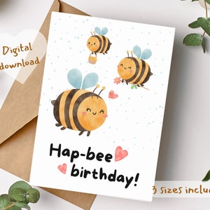 Printable cute hap-bee Birthday Card,Birthday Digital card,aesthetic pastel Birthday card for woman,funny boho Birthday card friend