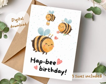 Printable cute hap-bee Birthday Card,Birthday Digital card,aesthetic pastel Birthday card for woman,funny boho Birthday card friend