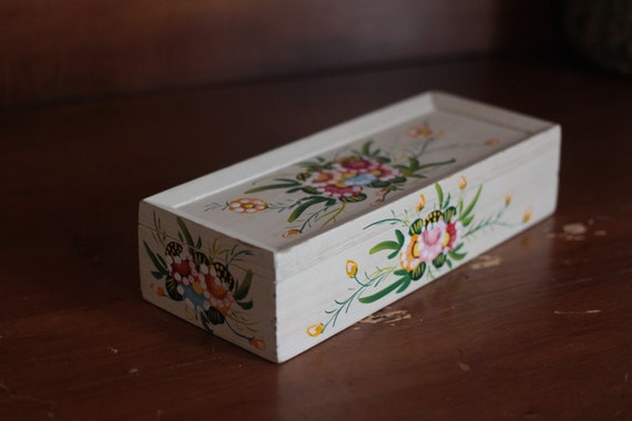 Hand Painted Floral Wooden Box Jewelry Roses Cott… - image 1