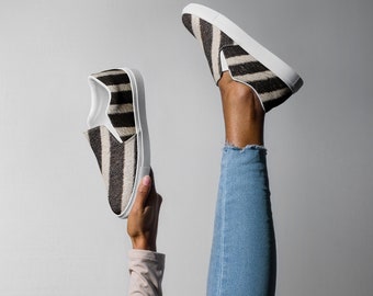 Zebra canvas women's shoes, black and white slip-on shoes. sneakers, personalized spring summer shoes