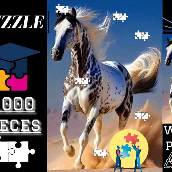 Puzzle en bois avec image de cheval pie Full HD 75 x 50 cm, puzzle pour enfants avec chevaux, jouet éducatif
