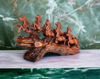 Sculpture de cheval en résine couleur acajou 21x36cm, Sculpture de cheval équestre de Gengis Khan 28x46cm, Oeuvre équestre de collection