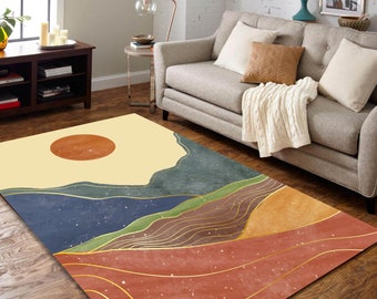 Tapis Sun Area, Soleil souriant, Tapis Boho de pépinière, Tapis de zone de décoration moderne du milieu du siècle, Tapis Boho, Tapis Earth Tones, tapis boho de chambre d’enfants