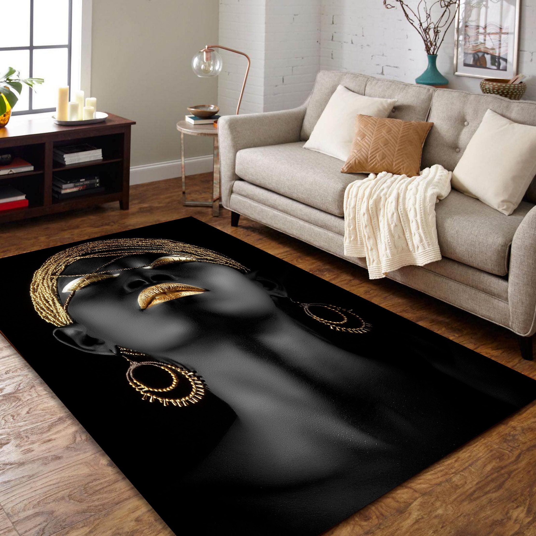 Discover Black Woman Art Rug, Women Patterned Rug, African Art Rug, Black Rug, Gold Rug