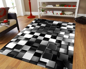 Optischer Täuschungsteppich für Wohnzimmer | Weiße und schwarze Teppiche | Source Creative 3D-Illusionsteppich | Kniffliger Teppich | Strapazierfähiger und waschbarer Teppich