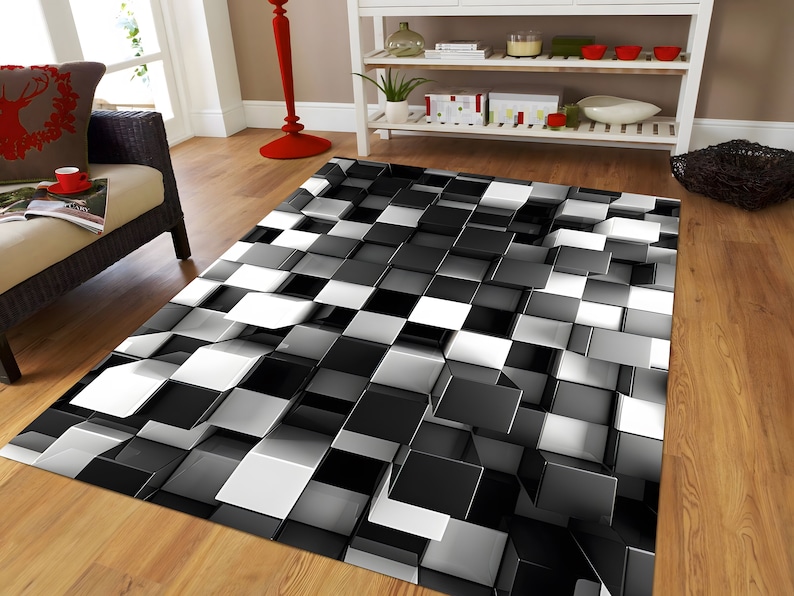 Optischer Täuschungsteppich für Wohnzimmer Weiße und schwarze Teppiche Source Creative 3D-Illusionsteppich Kniffliger Teppich Strapazierfähiger und waschbarer Teppich Bild 1