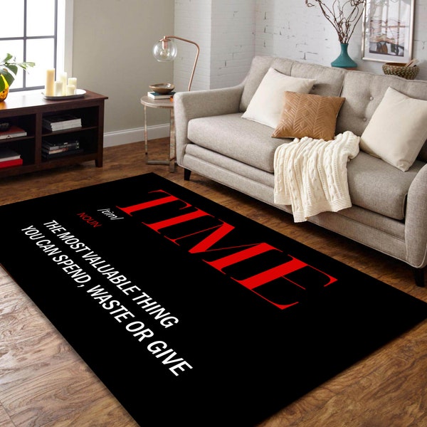 Black And Red Rug, Time Pattern Carpet, Living Room Rug, Home Decor Carpet, Motivational Words Rug, Digital Rug For Your Home