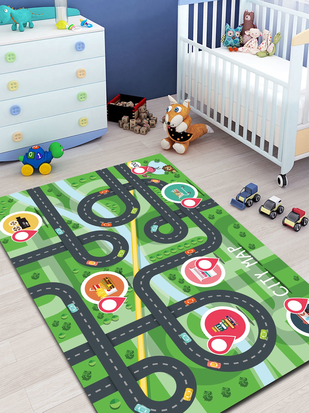 City Road Map Nursery Rug, Washable Kids Rug, Kids Play Mat, Nonslip