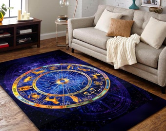 Tapis astrologie, tapis du zodiaque, tapis design horoscope, tapis design astrologie, tapis rond du zodiaque, tapis déco, tapis soleil lune et étoiles, tapis rond cadeau, tapis tarot