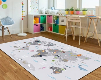 Mapa del mundo con alfombras de animales, alfombra de área, alfombras de puerta principal, alfombras para niños, alfombras de guardería, alfombra de decoración de oficina, alfombra para niños, alfombras personalizadas, alfombra delgada