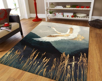 Japanese Art Crane Bird Rug, Gold Texture Rug, Luxury Rug For Room, All Size Custom, Crane Birds Carpet, Modern Carpet, Cool Rugs,Trend Rug