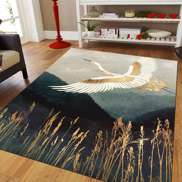 Art japonais grue, tapis, texture dorée, tapis de luxe pour chambre, toutes les tailles sur mesure, grue grue, tapis moderne, tapis cool, tapis tendance