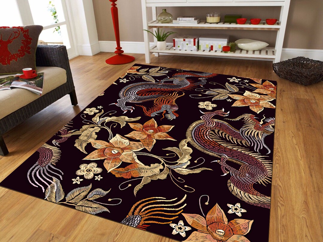 Japanese Pattern Rug, Flowers Dragons Rug, Classic Rug, Myth Dragon Rug, Salon Rug, Custom Rugs