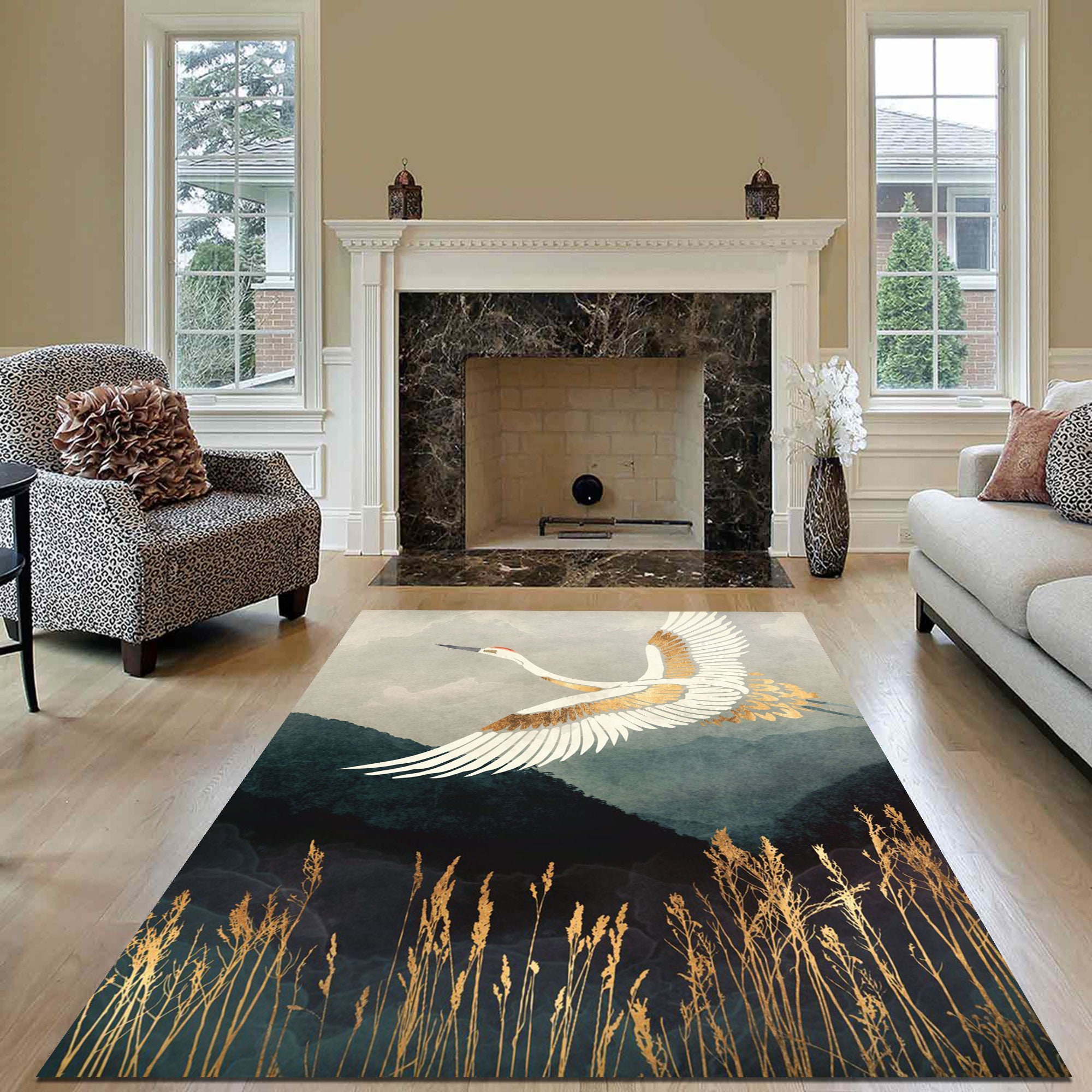 Japanese Art Crane Bird Rug Gold Texture Rug Luxury Rug for - Etsy