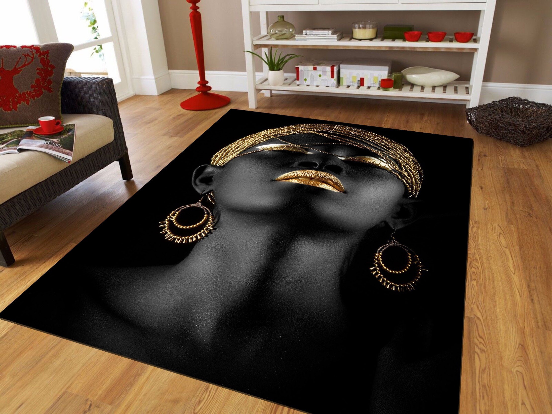 Discover Black Woman Art Rug, Women Patterned Rug, African Art Rug, Black Rug, Gold Rug