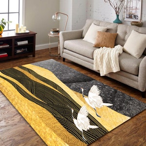 Japanese Art Crane Bird Rug, Gold Texture Rug, Luxury Rug For Room, All Size Custom, Crane Birds Carpet, Modern Carpet, Cool Rug