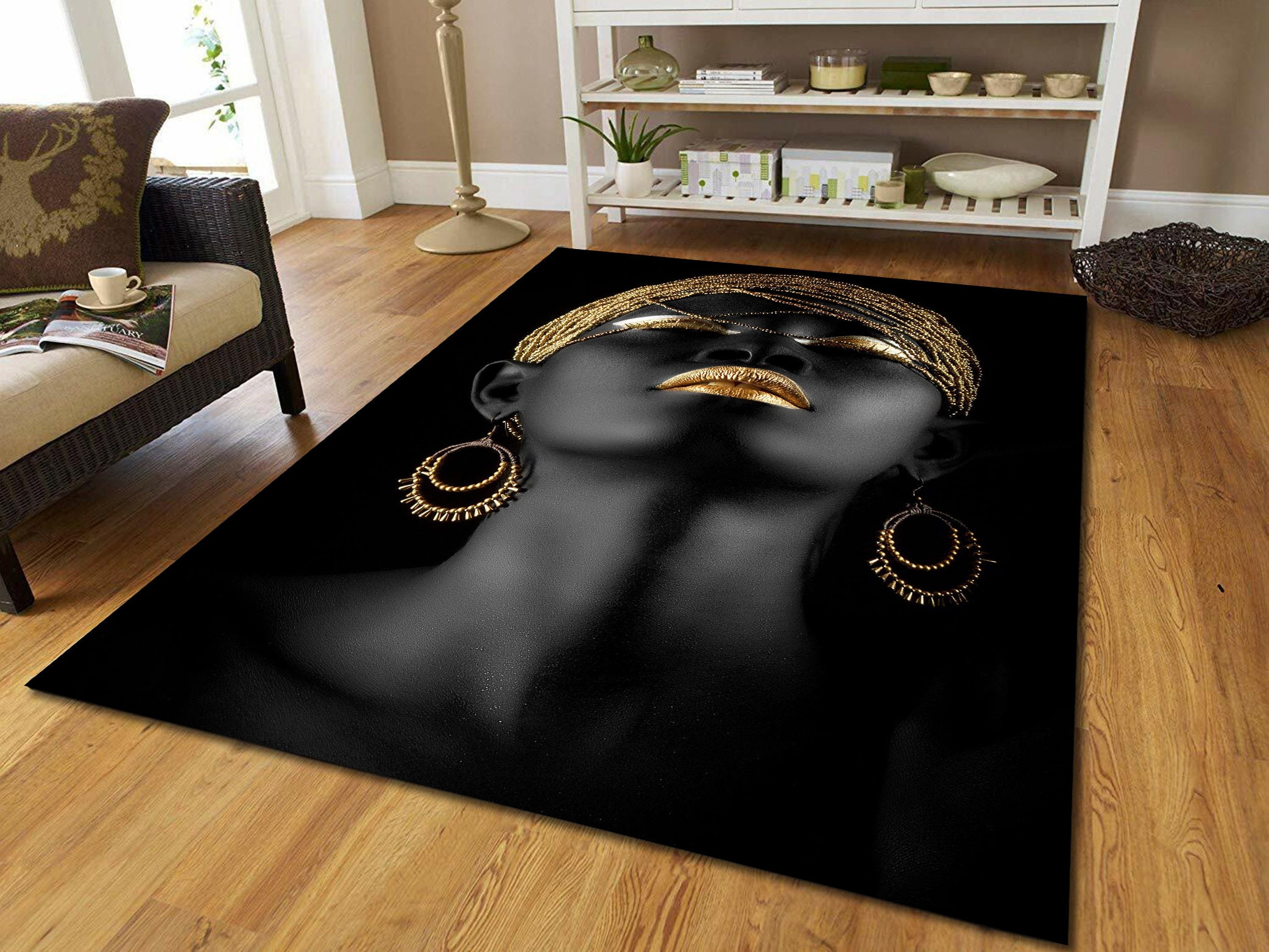 Discover Black Woman Art Rug, Women Patterned Rug, African Art Rug, Black Rug, Gold Rug