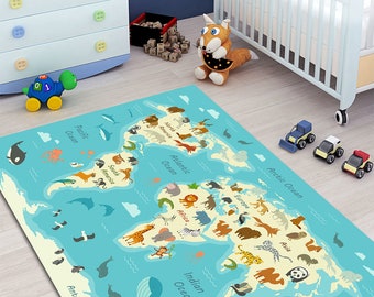 Lebhafter lernender Tiere Teppich. Weltkarte Teppich. Schönes Kleinkind. Kinderzimmer Teppich. Kontinent Design Teppich. Bodenfläche Mat. Rutschfest