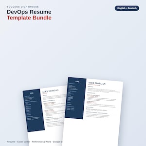Może przedstawiać: Pakiet szablonów CV o tytule Success Lighthouse DevOps Resume Template Bundle. Dokument zawiera ciemnoniebieski pasek boczny z danymi kontaktowymi i umiejętnościami oraz białą sekcję dotyczącą doświadczenia zawodowego i wykształcenia.