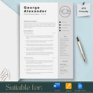 May include: A resume template designed for job seekers in the transportation industry. The template features a truck icon, a professional summary section, work experience, skills, and education sections. The resume is ATS-friendly, which means it is formatted in a way that is easily read by applicant tracking systems.