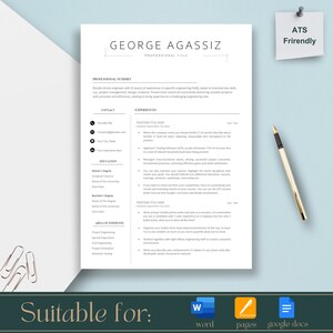 Może przedstawiać: Biały szablon CV z imieniem "George Agassiz" na górze. CV zawiera sekcje dotyczące danych kontaktowych, wykształcenia, doświadczenia i obszaru specjalizacji. Złoty długopis spoczywa po prawej stronie. Tekst "Suitable for:" znajduje się na dole.