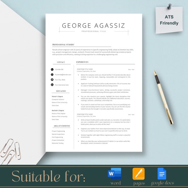 Engineer Resume Template Google Docs, Word & Pages, Professional Resume, ATS Resume Template