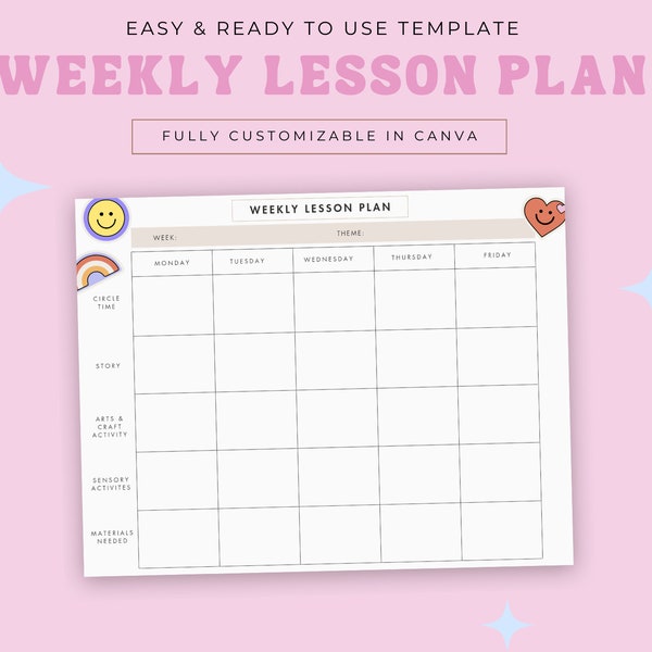 Preschool Weekly Lesson Plan Template, Lesson Planner Printable, Toddler Lesson Planner,  Pre-k lesson, Simple Lesson Plan Printable Canva