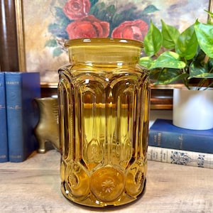 Vintage LE Smith Moons & Stars Amber Glass 11.5in Canister - No Lid