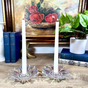 Vintage Iridescent Clear Glass Candlestick Holder Set Of 2