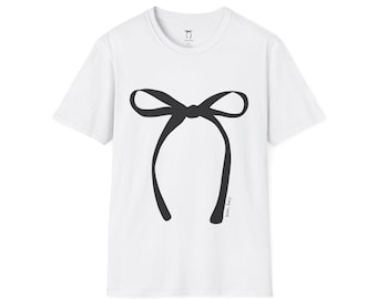 Coquette Black Bow Graphic White Shirt, Unisex Softstyle Tee, Chic Monochrome Top, Trendy Pinterest Inspired T-Shirt, Fashionable Bow Print
