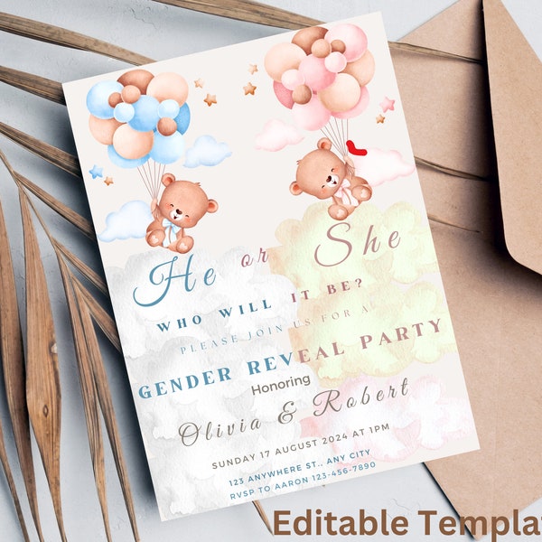 Teddy Bear Gender Reveal Invitation Gender Neutral Invites Air Balloon He or She EDITABLE Template Baby Shower Gender Reveal Edit in Canva