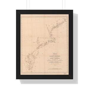 Mapa do Farol da Costa Leste | Ilustração Vintage | Arte de Parede Náutica | Faróis da Nova Inglaterra | Impressão emoldurada