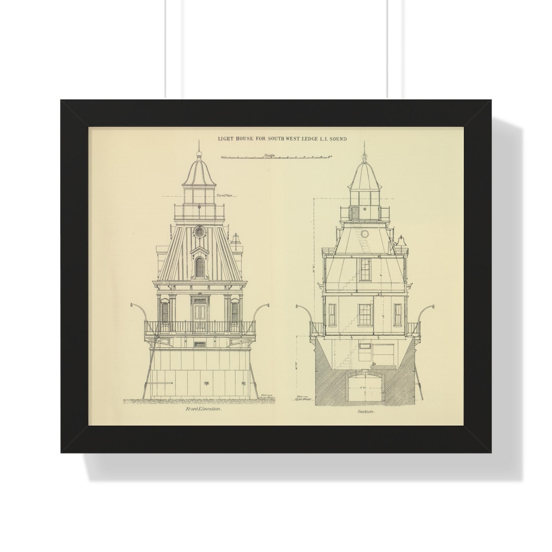 Vintage Lighthouse Architectural Drawing Framed Horizontal Poster, Wall ...