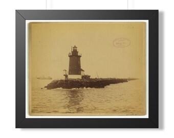 Cuadro decorativo de faro náutico / 20" x 16" / Fotografía antigua de 1891 / Faro del rompeolas de Delaware / Faros de la costa este