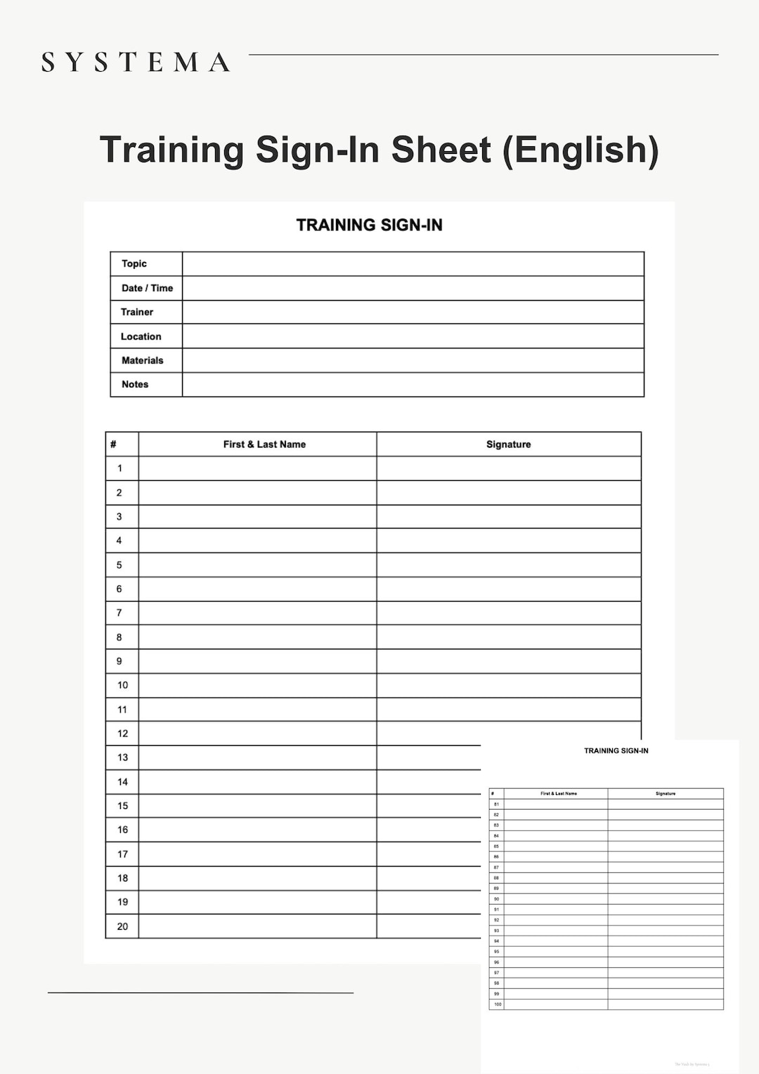 Training Sign-in Sheet | Employee Attendance Tracker | Printable PDF ...